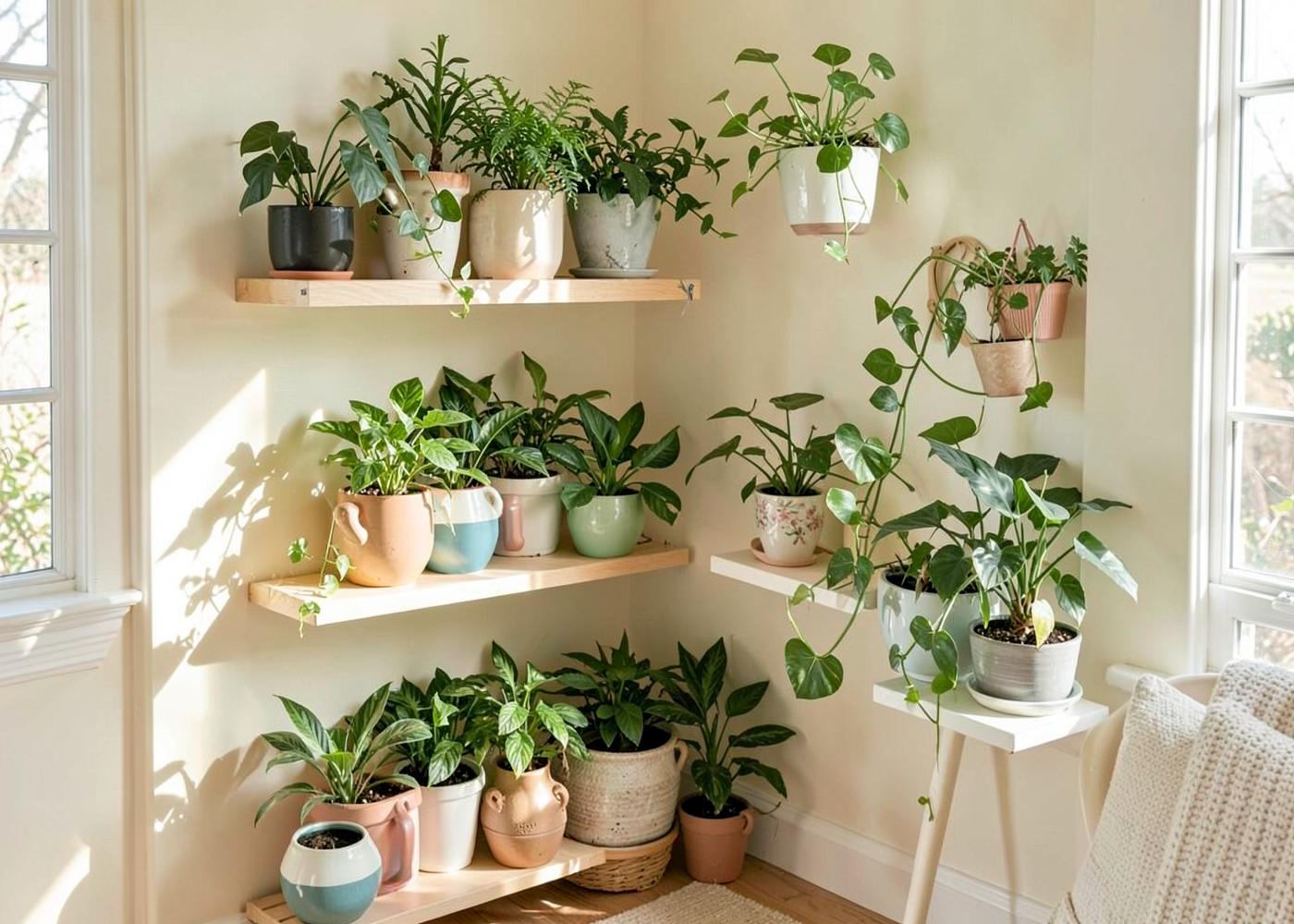 Bright home corner with shelves of houseplants in colourful pots