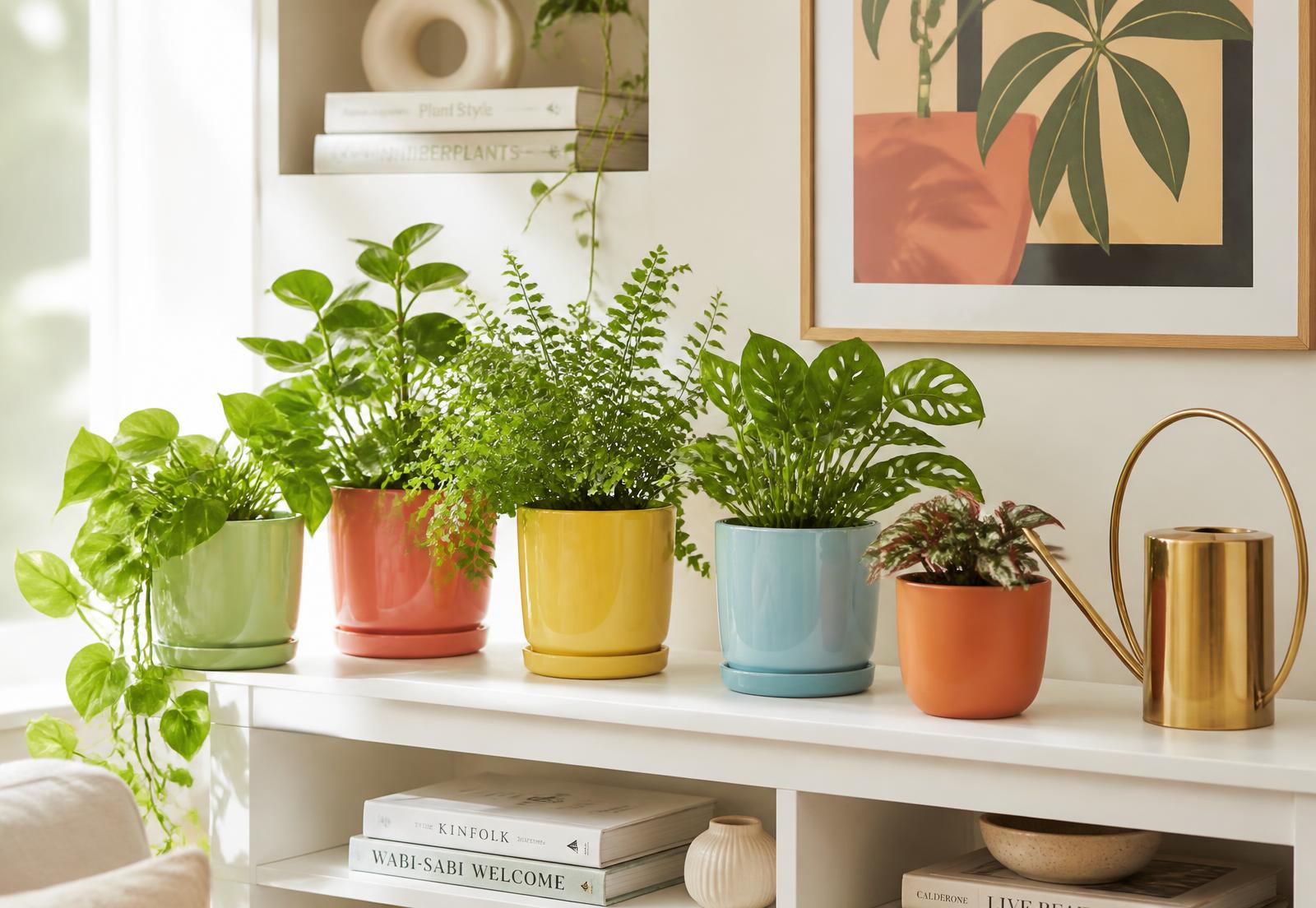 Indoor plants in colourful ceramic pots beside a brass watering can